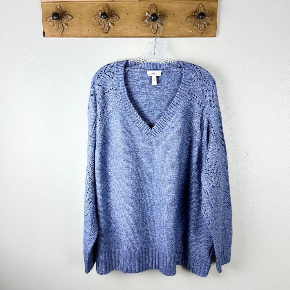 D&Co Heritage Blue Pointelle Sleeve V-Neck Oversized Sweater 2X Soft Cozy